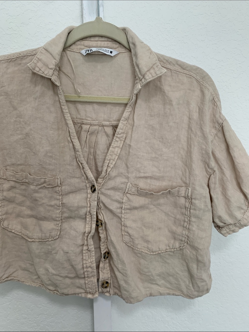 Zara Beige Cropped Linen Short Sleeve Button-Front Top - Picture 4 of 7